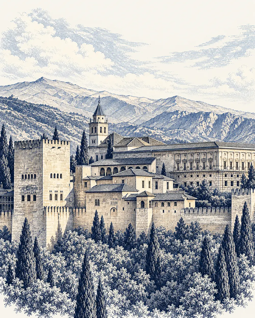 Engraved illustration of the Alhambra above Granada