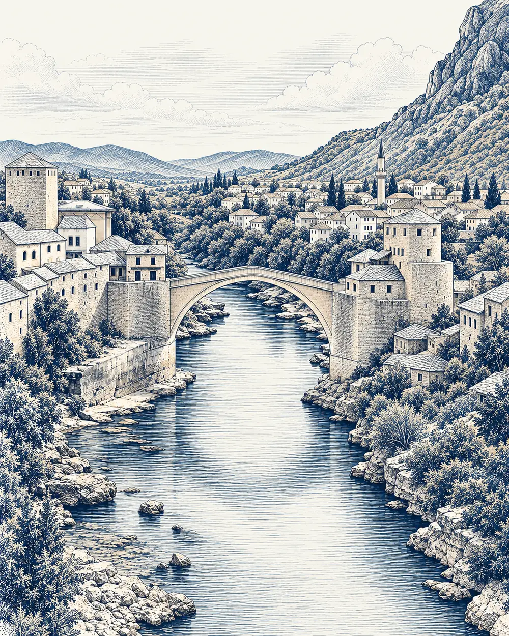 Engraved illustration of the Old Bridge in Mostar