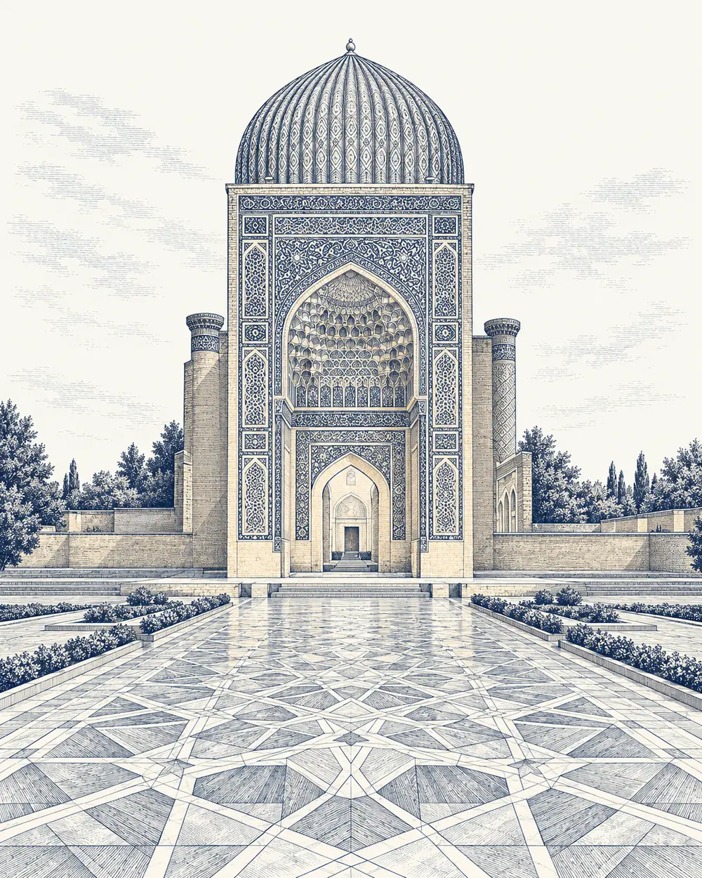 Engraved illustration of a Timurid portal and dome in Samarkand